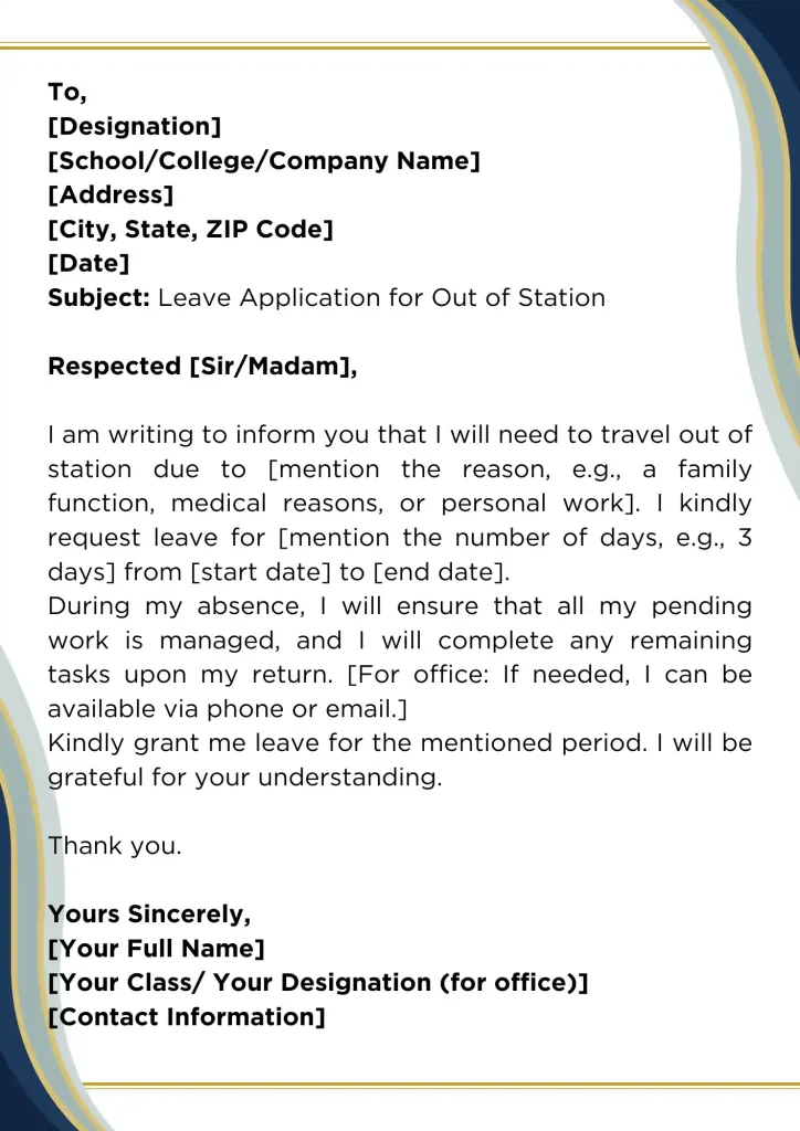 Format of Leave Application for Out of Station