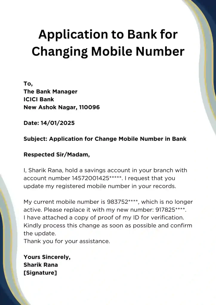 Application to Bank for Changing Mobile Number