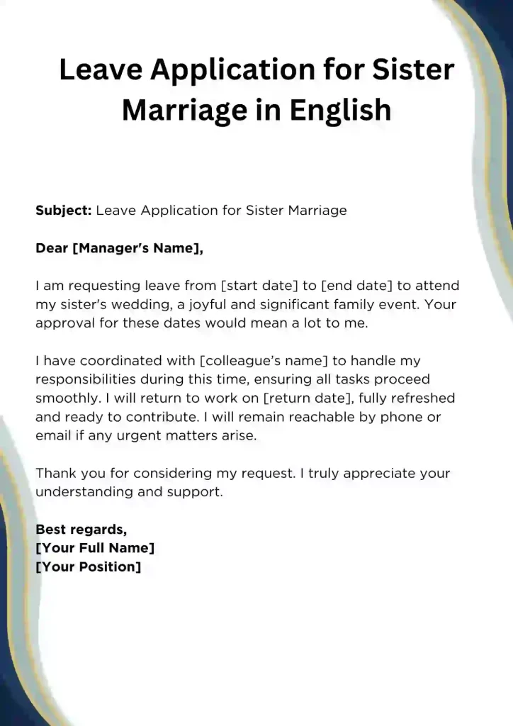 Leave Application for Sister Marriage in English